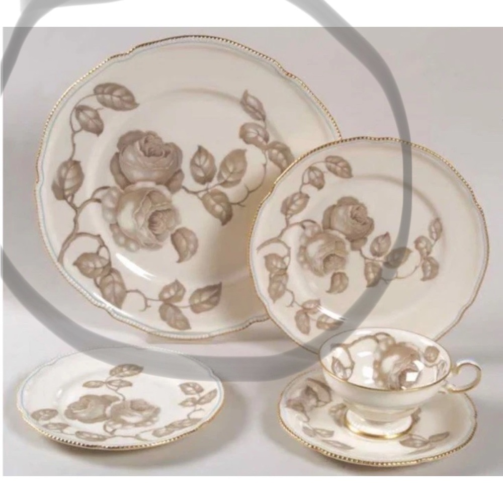 Vintage 1960s Castleton Gloria white taupe gray gold rim dinner plate 10 5/8”